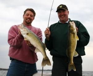 While fishing with the author these two anglers doubled up on season walleyes.